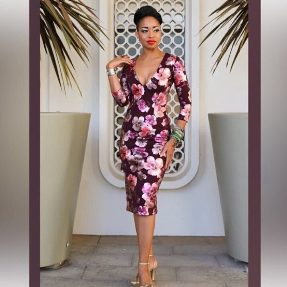 NWT Retrolicious Burgundy Floral V-Neck Dress, Size Medium